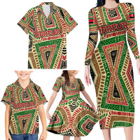 Darfur Sudan Family Matching Long Sleeve Bodycon Dress and Hawaiian Shirt with Red Green Beige Tribal Pattern - Wonder Print Shop