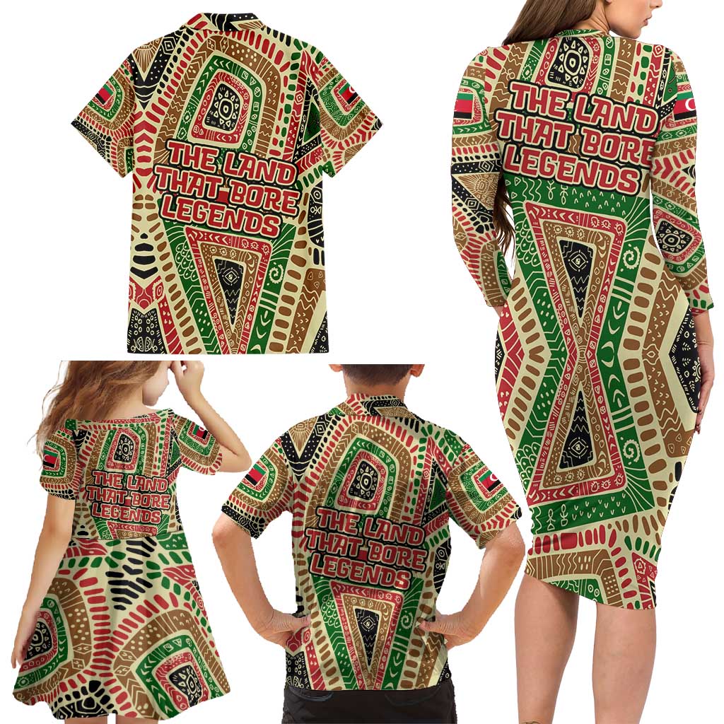 Darfur Sudan Family Matching Long Sleeve Bodycon Dress and Hawaiian Shirt with Red Green Beige Tribal Pattern - Wonder Print Shop