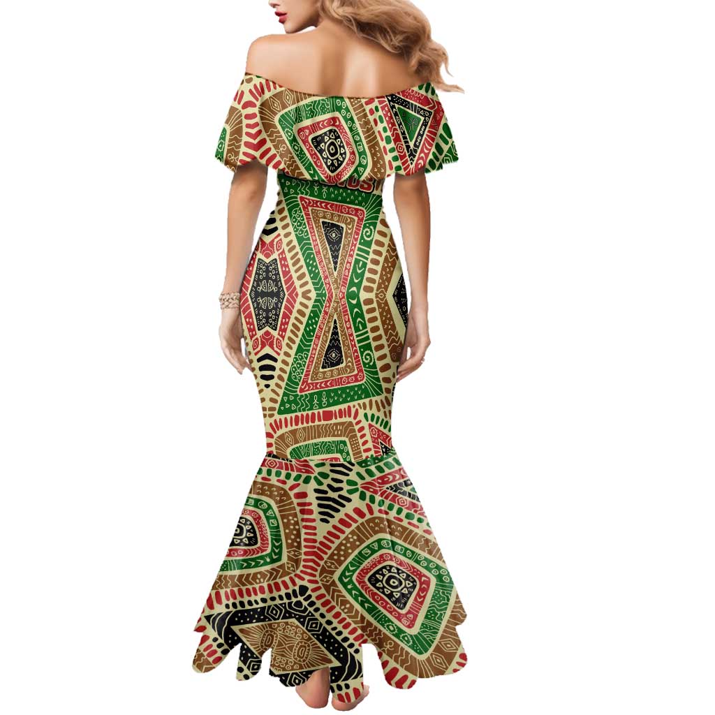 Darfur Sudan Family Matching Mermaid Dress and Hawaiian Shirt with Red Green Beige Tribal Pattern - Wonder Print Shop