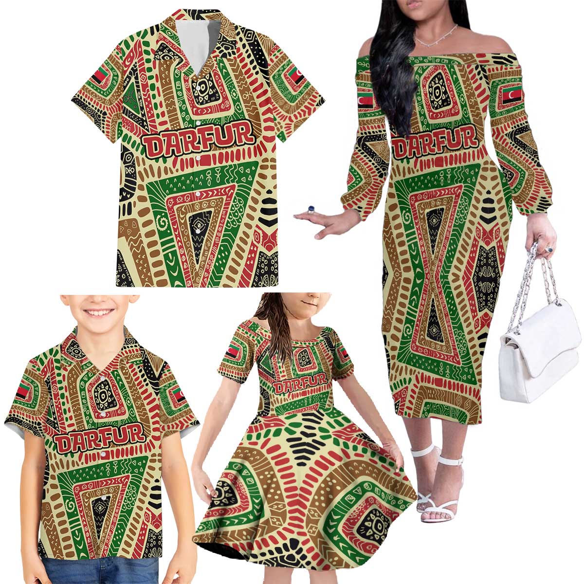 Darfur Sudan Family Matching Off The Shoulder Long Sleeve Dress and Hawaiian Shirt with Red Green Beige Tribal Pattern - Wonder Print Shop