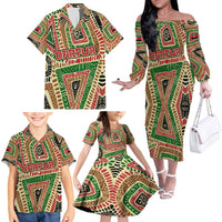Darfur Sudan Family Matching Off The Shoulder Long Sleeve Dress and Hawaiian Shirt with Red Green Beige Tribal Pattern - Wonder Print Shop