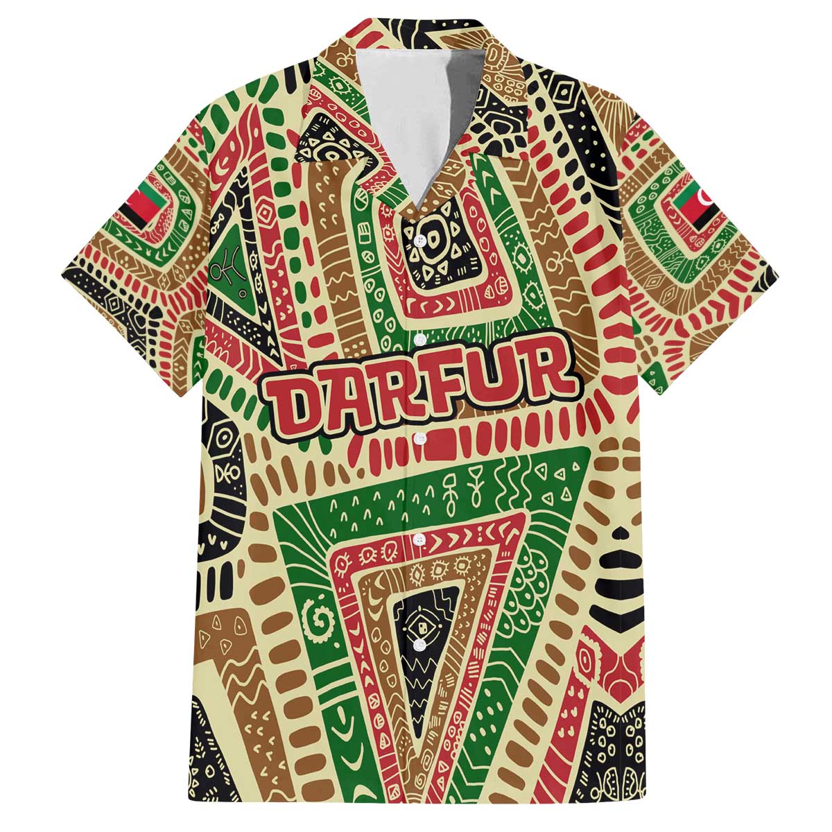 Darfur Sudan Family Matching Off The Shoulder Long Sleeve Dress and Hawaiian Shirt with Red Green Beige Tribal Pattern - Wonder Print Shop