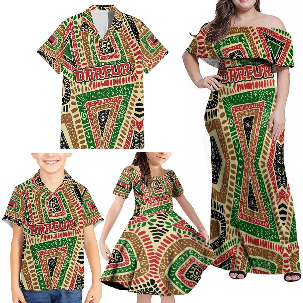Darfur Sudan Family Matching Off Shoulder Maxi Dress and Hawaiian Shirt with Red Green Beige Tribal Pattern - Wonder Print Shop
