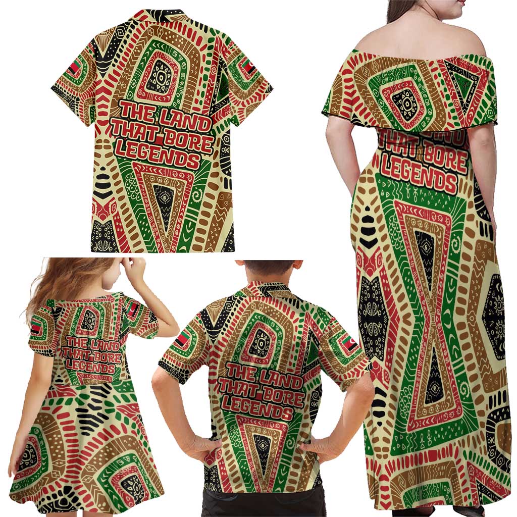 Darfur Sudan Family Matching Off Shoulder Maxi Dress and Hawaiian Shirt with Red Green Beige Tribal Pattern - Wonder Print Shop