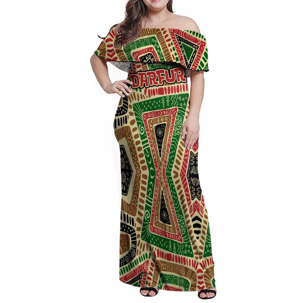 Darfur Sudan Family Matching Off Shoulder Maxi Dress and Hawaiian Shirt with Red Green Beige Tribal Pattern - Wonder Print Shop
