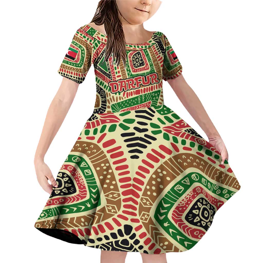 Darfur Sudan Family Matching Off Shoulder Short Dress and Hawaiian Shirt with Red Green Beige Tribal Pattern - Wonder Print Shop