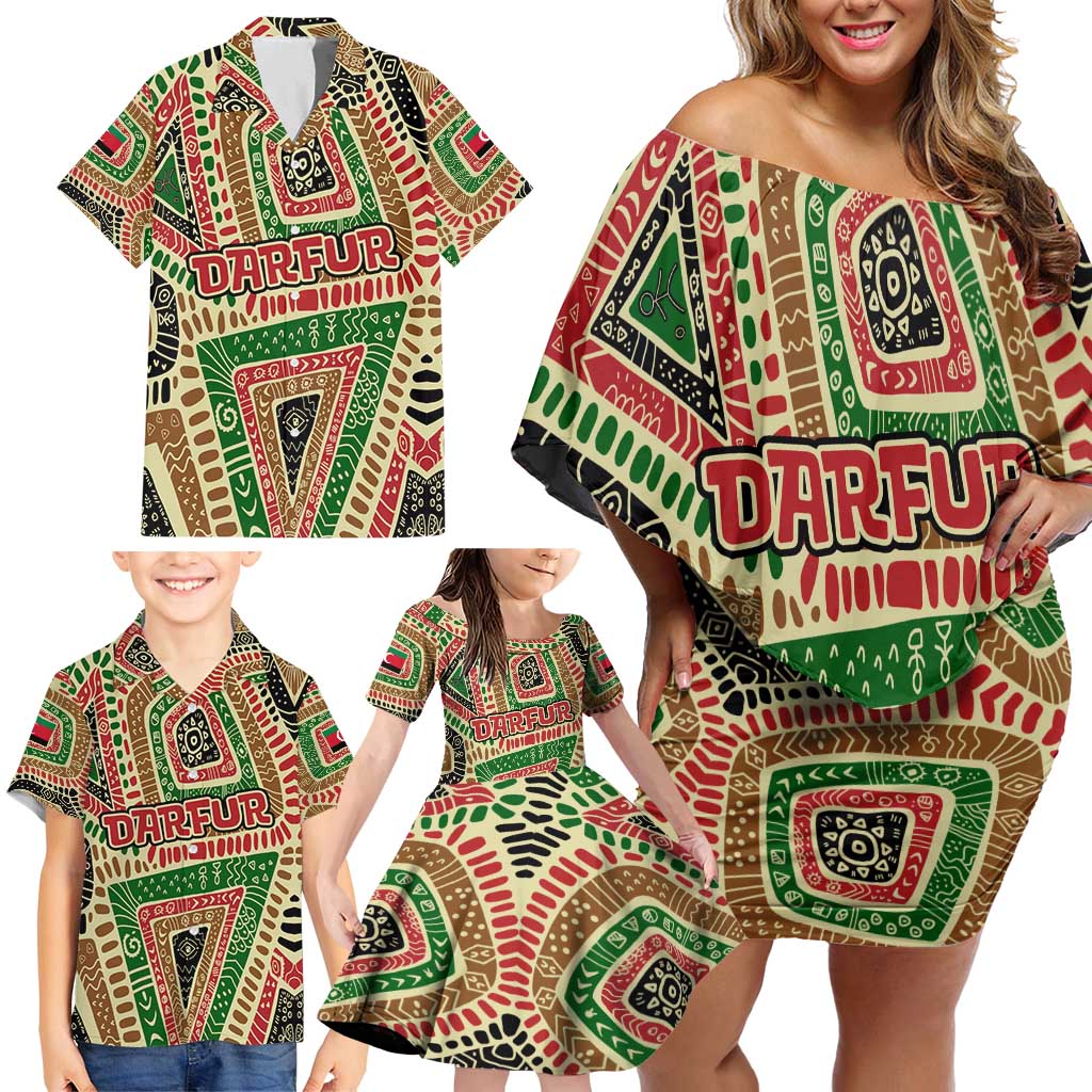 Darfur Sudan Family Matching Off Shoulder Short Dress and Hawaiian Shirt with Red Green Beige Tribal Pattern - Wonder Print Shop