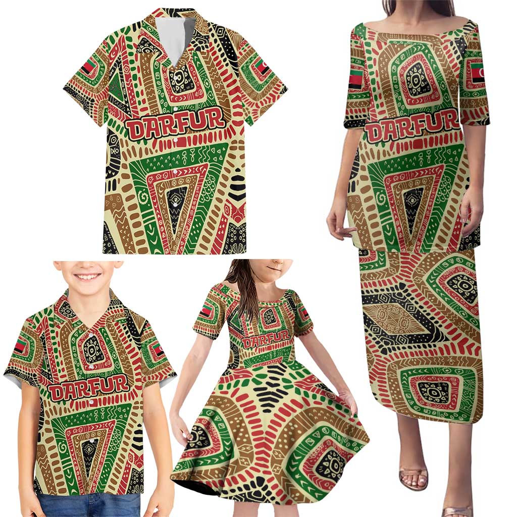 Darfur Sudan Family Matching Puletasi and Hawaiian Shirt with Red Green Beige Tribal Pattern - Wonder Print Shop