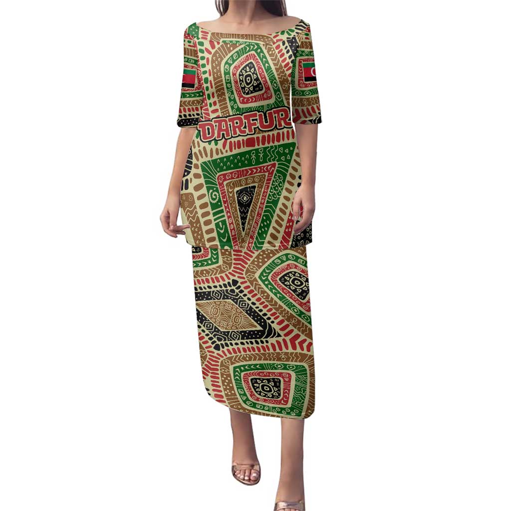 Darfur Sudan Family Matching Puletasi and Hawaiian Shirt with Red Green Beige Tribal Pattern - Wonder Print Shop