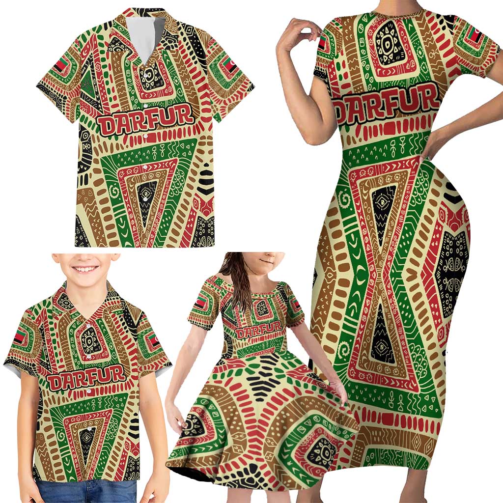 Darfur Sudan Family Matching Short Sleeve Bodycon Dress and Hawaiian Shirt with Red Green Beige Tribal Pattern - Wonder Print Shop