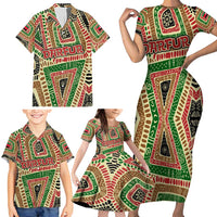 Darfur Sudan Family Matching Short Sleeve Bodycon Dress and Hawaiian Shirt with Red Green Beige Tribal Pattern - Wonder Print Shop