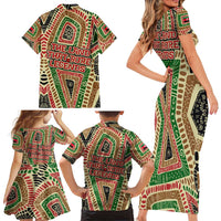 Darfur Sudan Family Matching Short Sleeve Bodycon Dress and Hawaiian Shirt with Red Green Beige Tribal Pattern - Wonder Print Shop