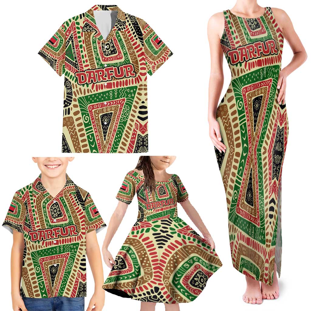 Darfur Sudan Family Matching Tank Maxi Dress and Hawaiian Shirt with Red Green Beige Tribal Pattern - Wonder Print Shop