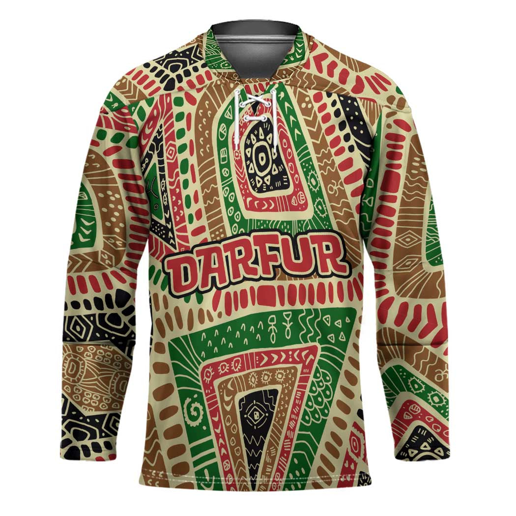 Darfur Sudan Hockey Jersey with Red Green Beige Tribal Pattern - Wonder Print Shop