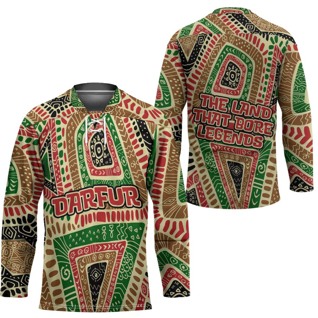 Darfur Sudan Hockey Jersey with Red Green Beige Tribal Pattern - Wonder Print Shop