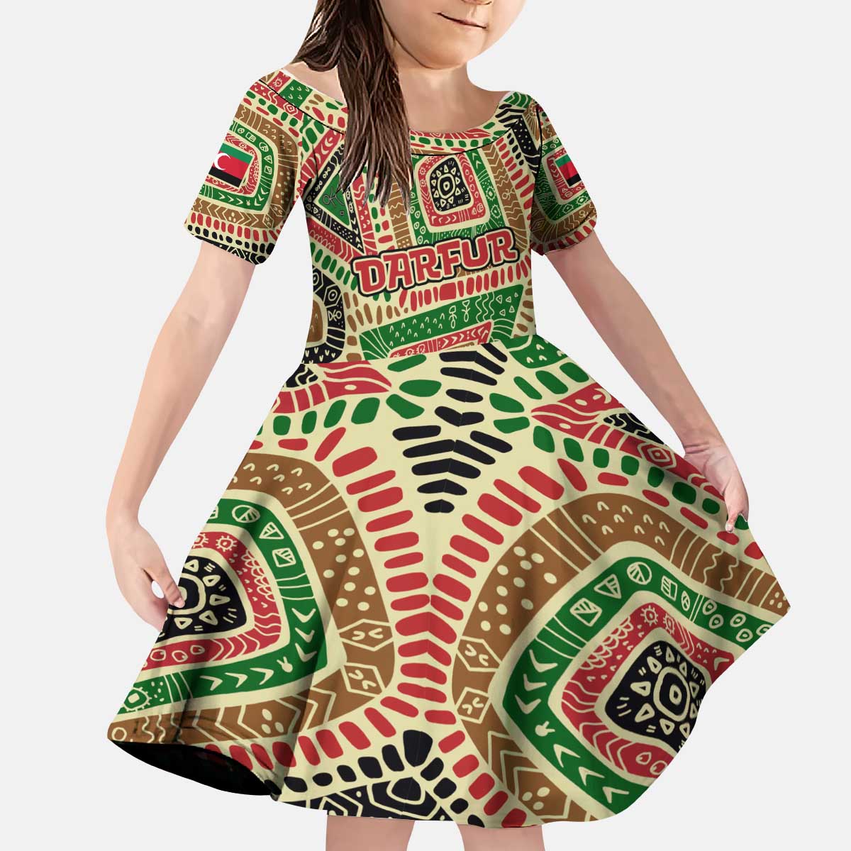 Darfur Sudan Kid Short Sleeve Dress with Red Green Beige Tribal Pattern - Wonder Print Shop