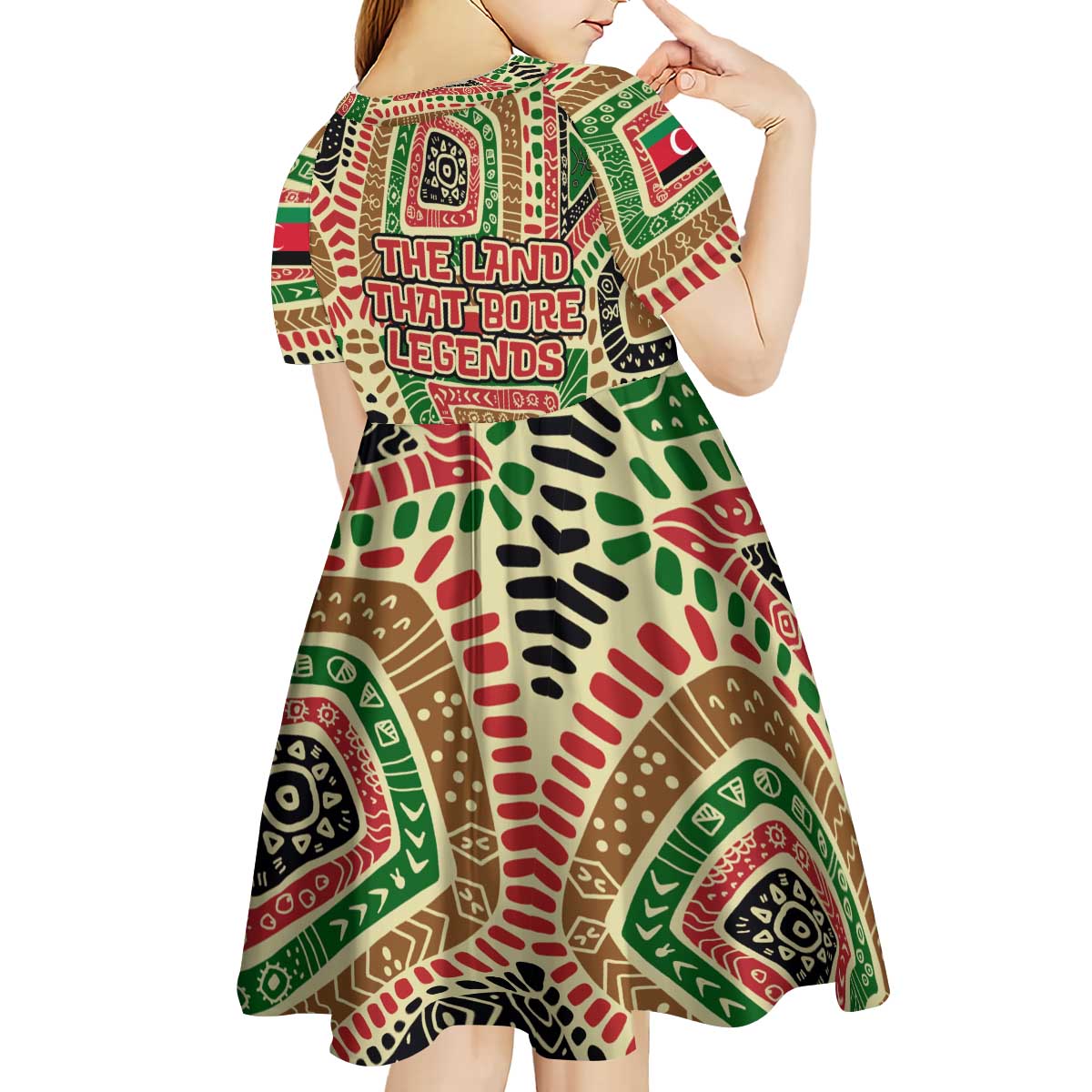Darfur Sudan Kid Short Sleeve Dress with Red Green Beige Tribal Pattern - Wonder Print Shop