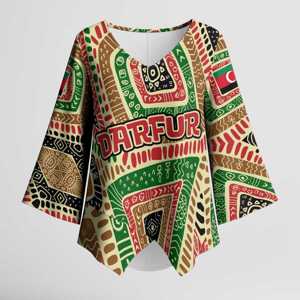 Darfur Sudan Kimono Sleeve Blouse with Red Green Beige Tribal Pattern - Wonder Print Shop