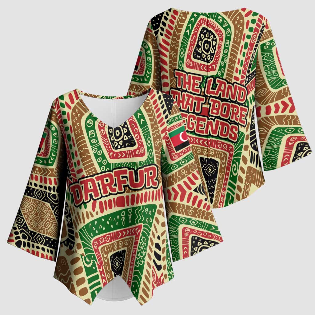 Darfur Sudan Kimono Sleeve Blouse with Red Green Beige Tribal Pattern - Wonder Print Shop