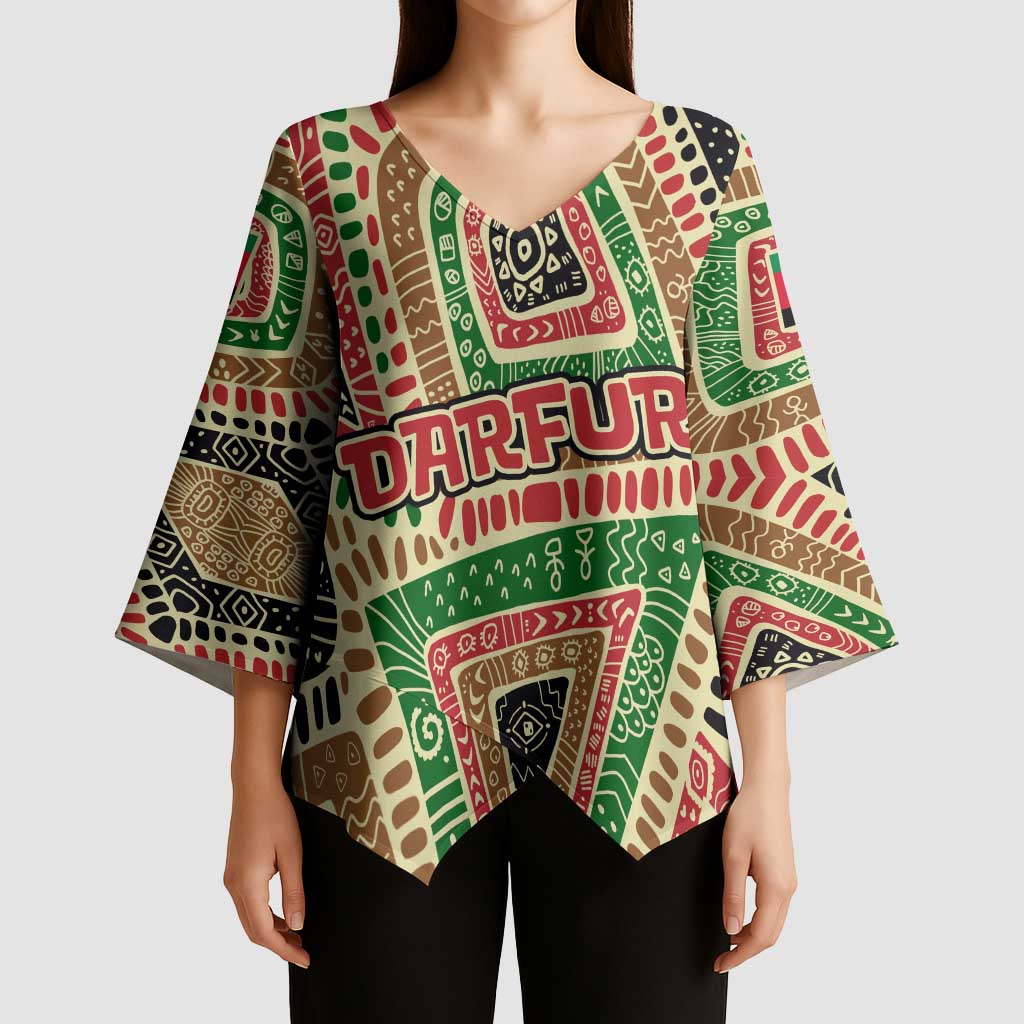 Darfur Sudan Kimono Sleeve Blouse with Red Green Beige Tribal Pattern - Wonder Print Shop