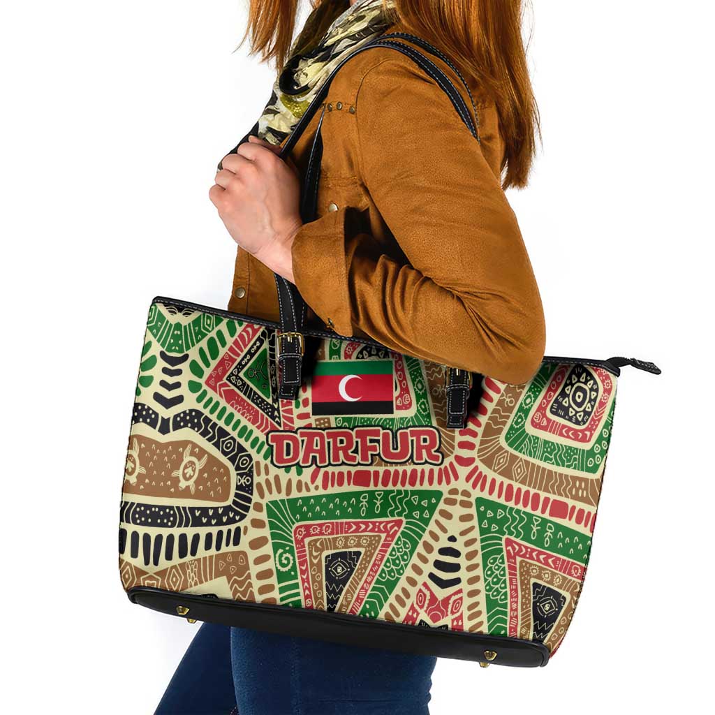 Darfur Sudan Leather Tote Bag with Red Green Beige Tribal Pattern - Wonder Print Shop