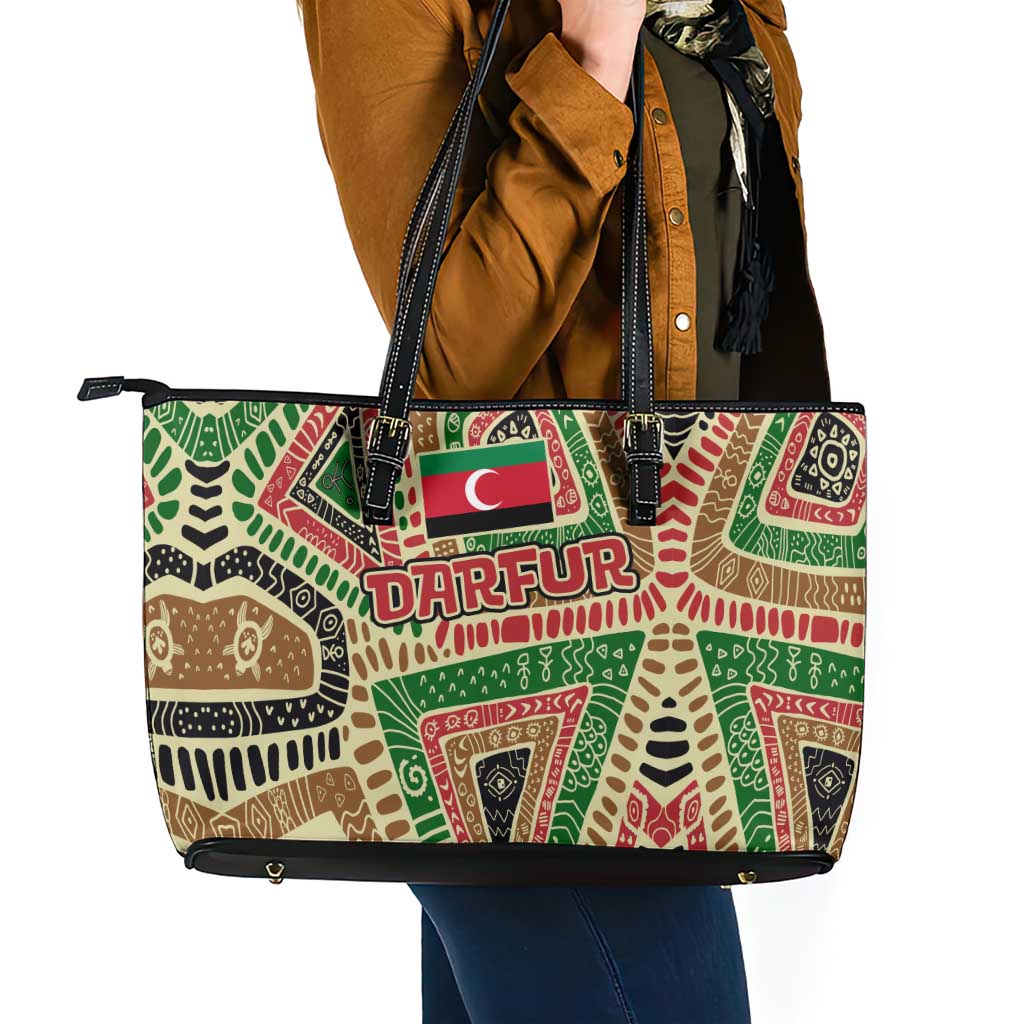 Darfur Sudan Leather Tote Bag with Red Green Beige Tribal Pattern - Wonder Print Shop