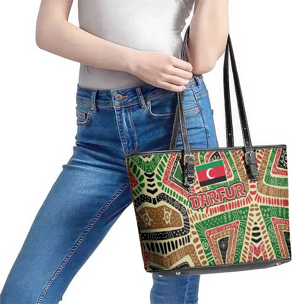 Darfur Sudan Leather Tote Bag with Red Green Beige Tribal Pattern - Wonder Print Shop