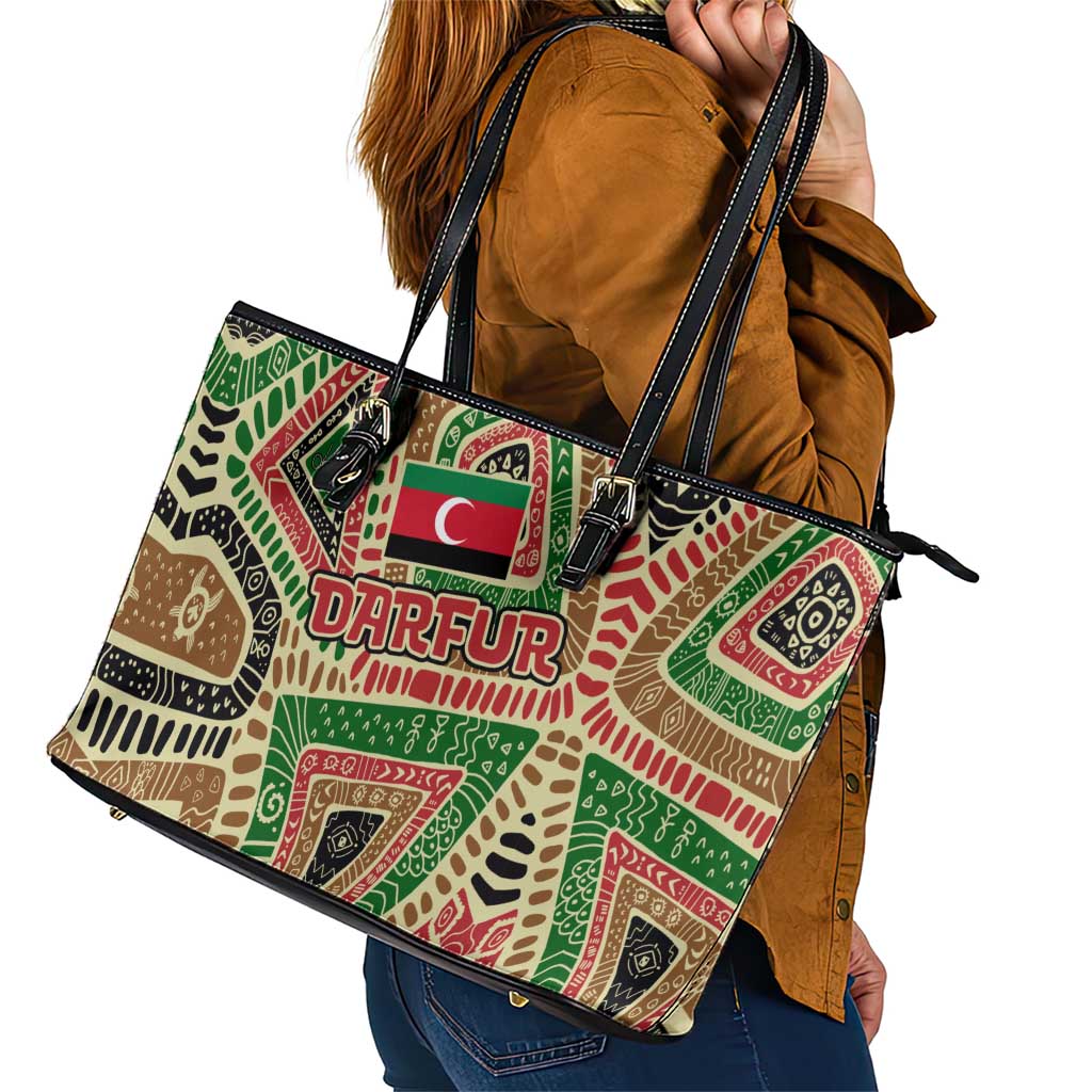 Darfur Sudan Leather Tote Bag with Red Green Beige Tribal Pattern - Wonder Print Shop