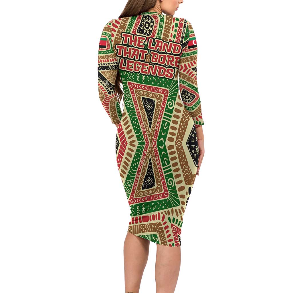Darfur Sudan Long Sleeve Bodycon Dress with Red Green Beige Tribal Pattern - Wonder Print Shop