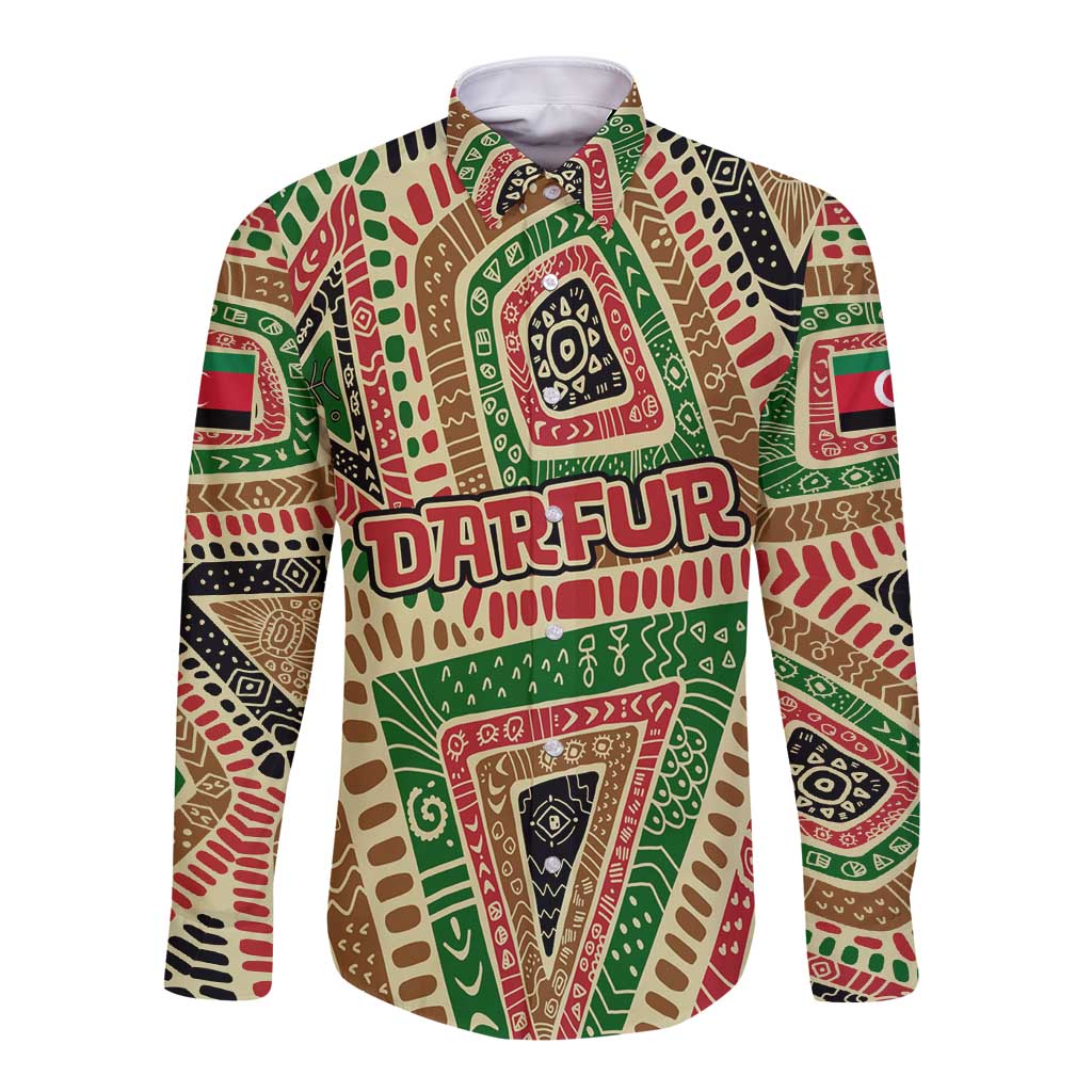 Darfur Sudan Long Sleeve Button Shirt with Red Green Beige Tribal Pattern - Wonder Print Shop