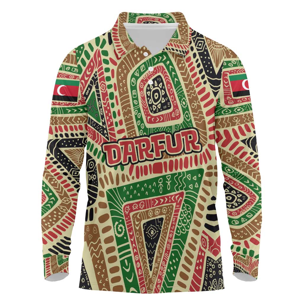 Darfur Sudan Long Sleeve Polo Shirt with Red Green Beige Tribal Pattern - Wonder Print Shop