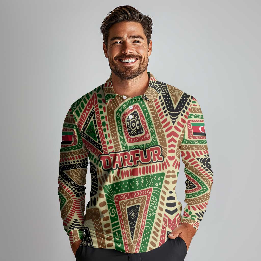 Darfur Sudan Long Sleeve Polo Shirt with Red Green Beige Tribal Pattern - Wonder Print Shop