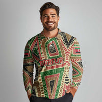 Darfur Sudan Long Sleeve Polo Shirt with Red Green Beige Tribal Pattern - Wonder Print Shop
