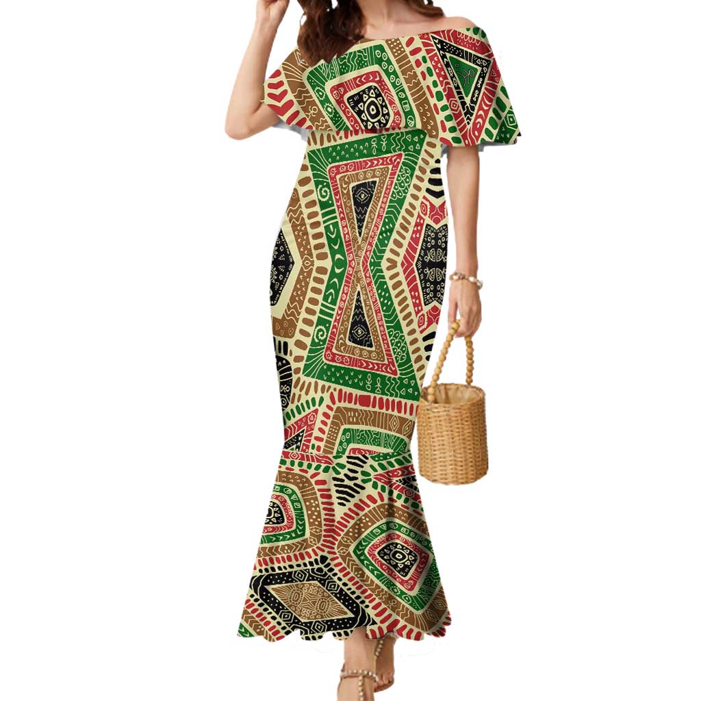 Darfur Sudan Mermaid Dress with Red Green Beige Tribal Pattern - Wonder Print Shop