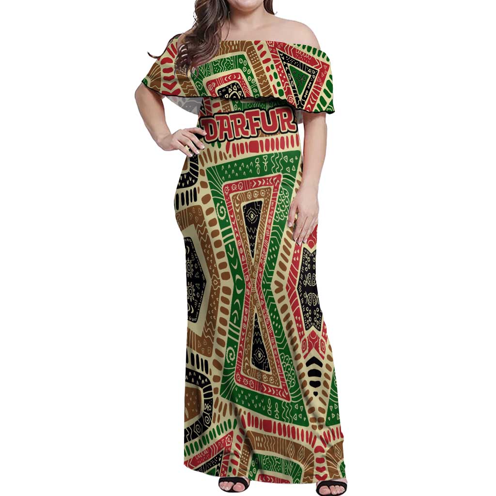 Darfur Sudan Off Shoulder Maxi Dress with Red Green Beige Tribal Pattern - Wonder Print Shop
