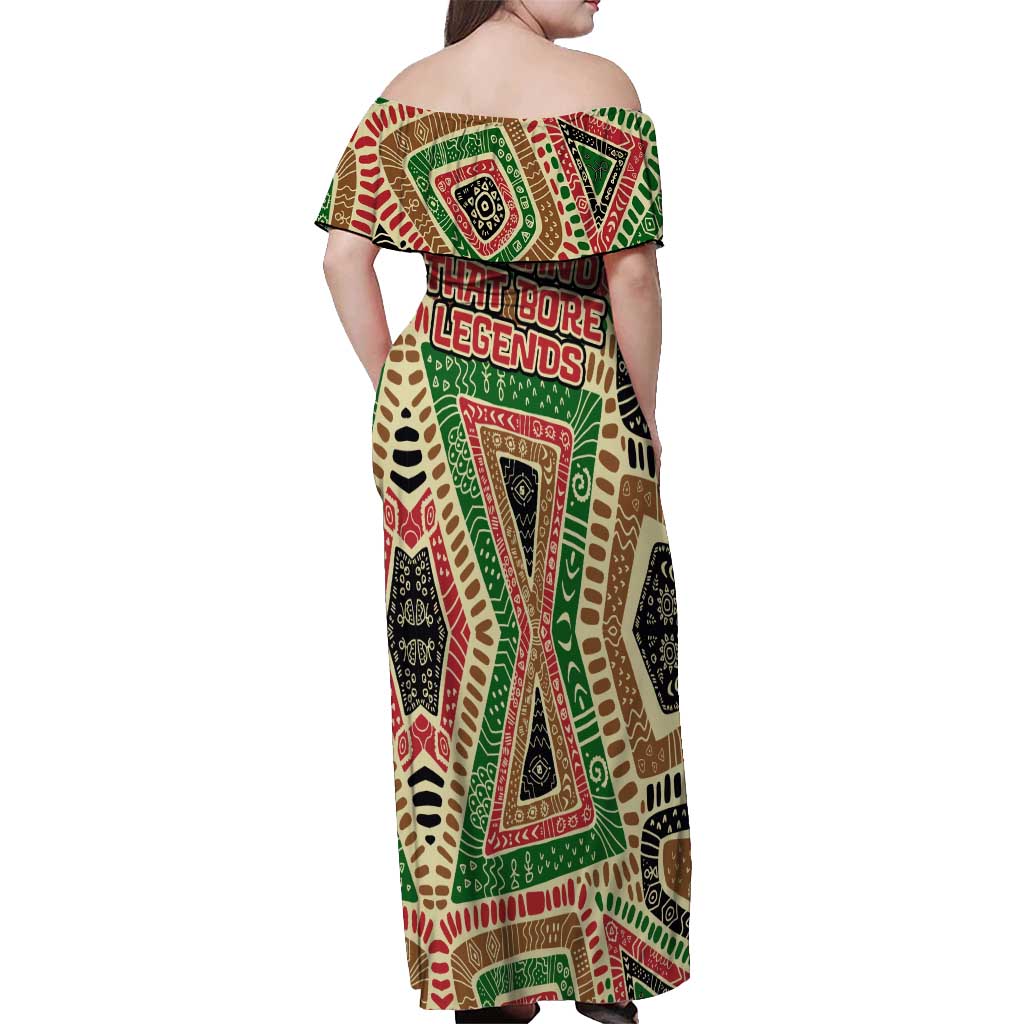 Darfur Sudan Off Shoulder Maxi Dress with Red Green Beige Tribal Pattern - Wonder Print Shop