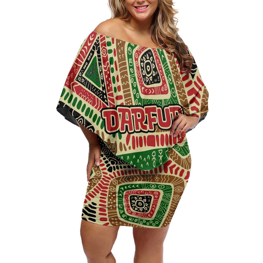 Darfur Sudan Off Shoulder Short Dress with Red Green Beige Tribal Pattern - Wonder Print Shop