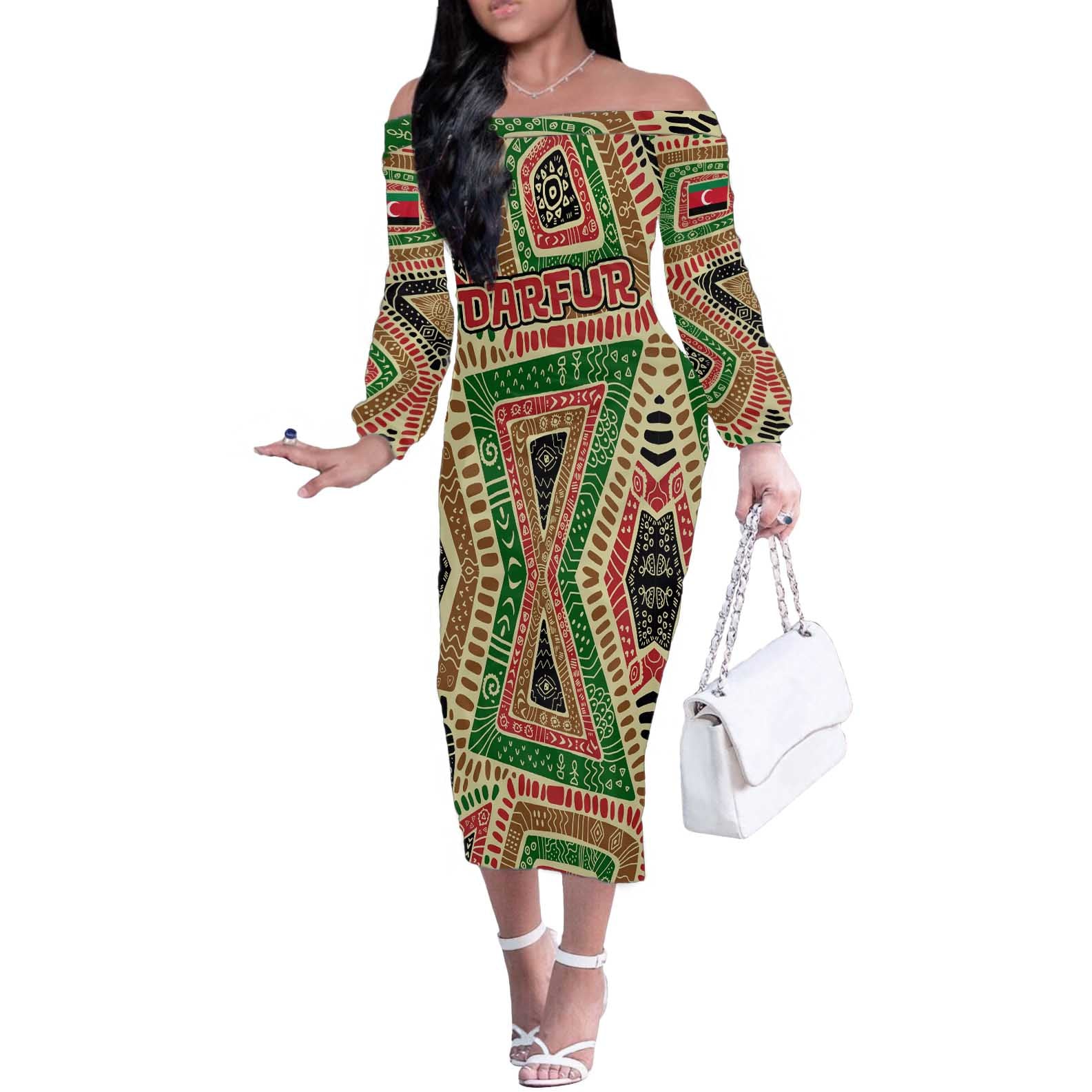 Darfur Sudan Off The Shoulder Long Sleeve Dress with Red Green Beige Tribal Pattern - Wonder Print Shop