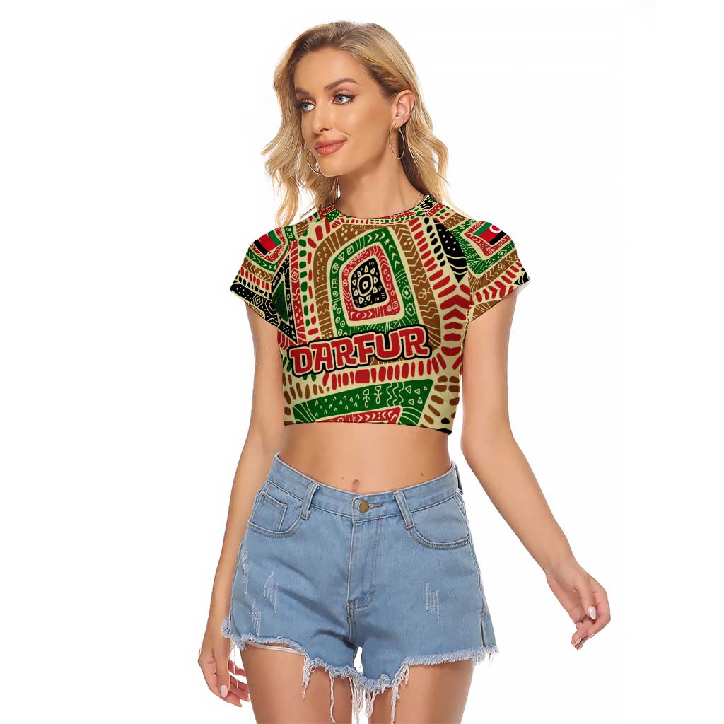 Darfur Sudan Raglan Cropped T Shirt with Red Green Beige Tribal Pattern - Wonder Print Shop