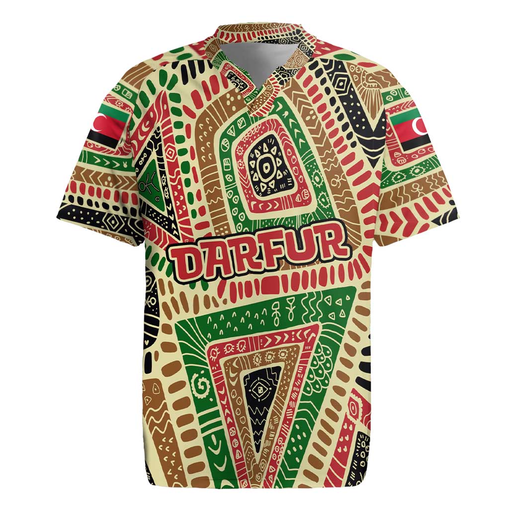 Darfur Sudan Rugby Jersey with Red Green Beige Tribal Pattern - Wonder Print Shop
