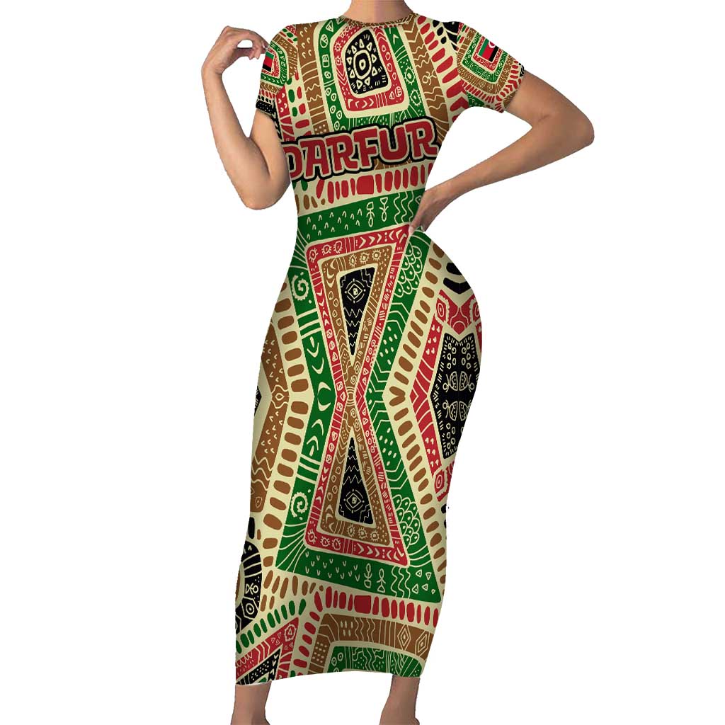 Darfur Sudan Short Sleeve Bodycon Dress with Red Green Beige Tribal Pattern - Wonder Print Shop