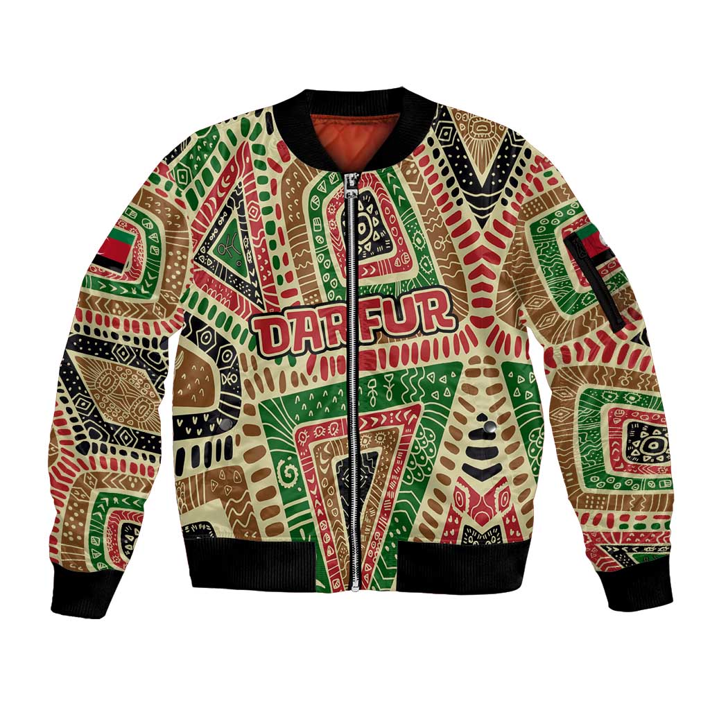 Darfur Sudan Sleeve Zip Bomber Jacket with Red Green Beige Tribal Pattern - Wonder Print Shop