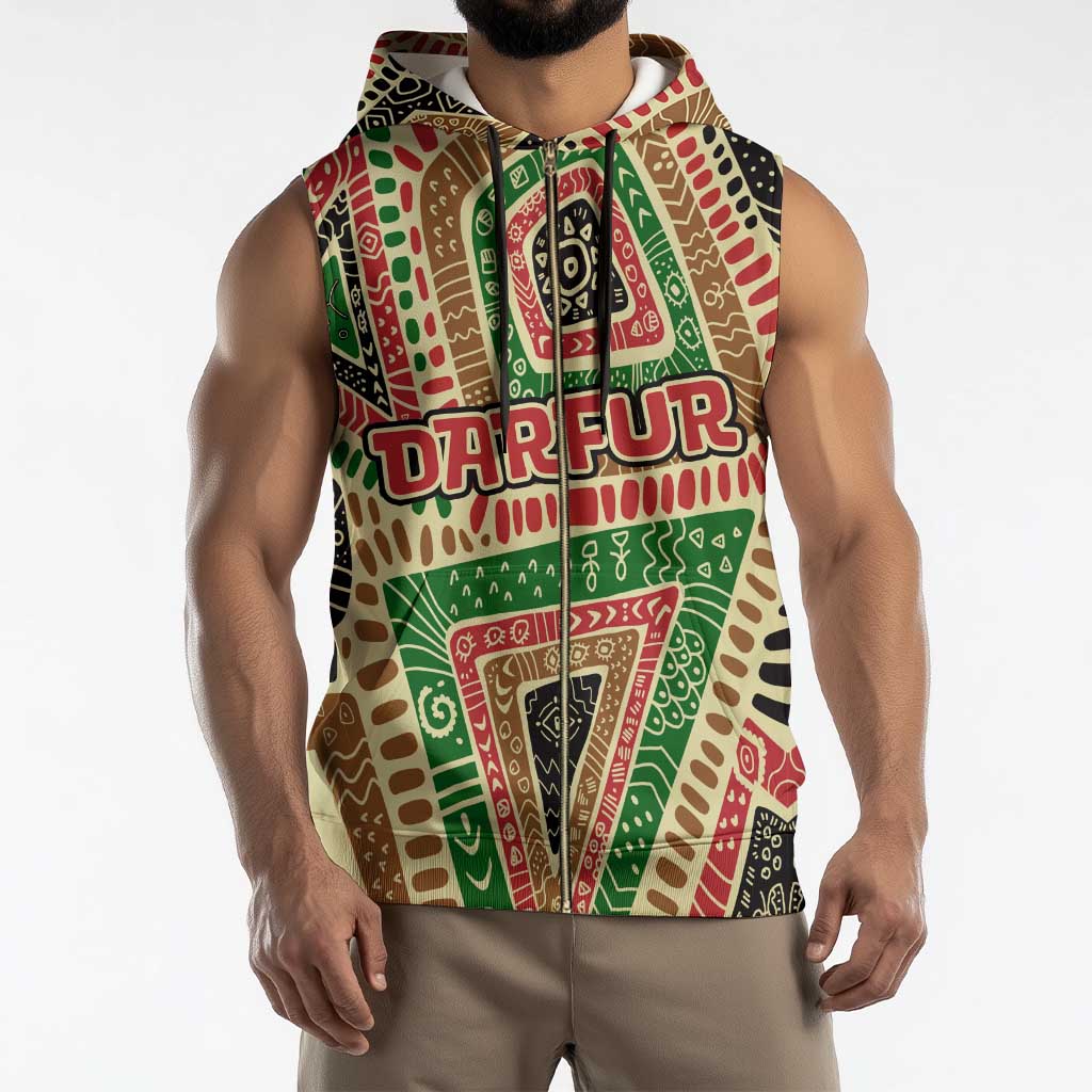 Darfur Sudan Sleeveless Zip Hoodie with Red Green Beige Tribal Pattern - Wonder Print Shop
