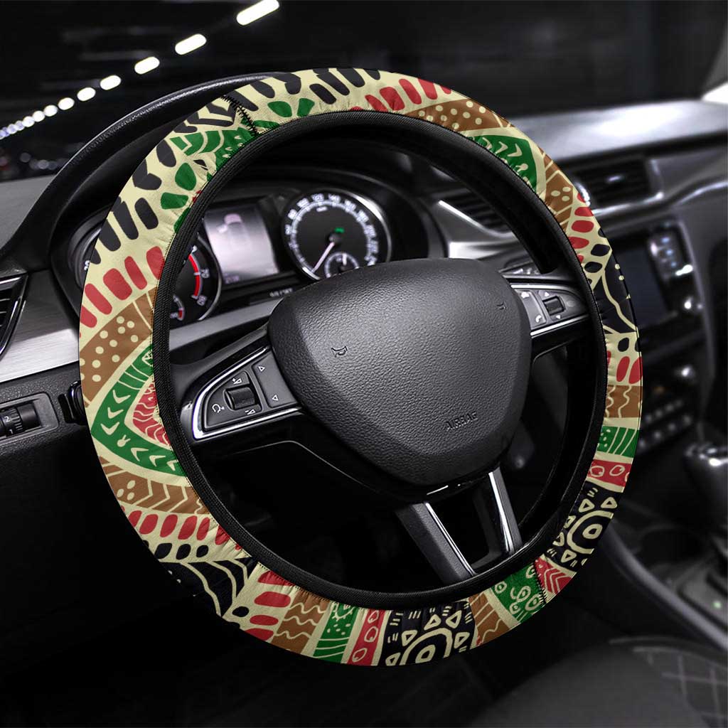 Darfur Sudan Steering Wheel Cover with Red Green Beige Tribal Pattern - Wonder Print Shop