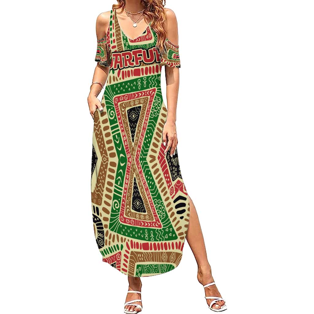 Darfur Sudan Summer Maxi Dress with Red Green Beige Tribal Pattern - Wonder Print Shop