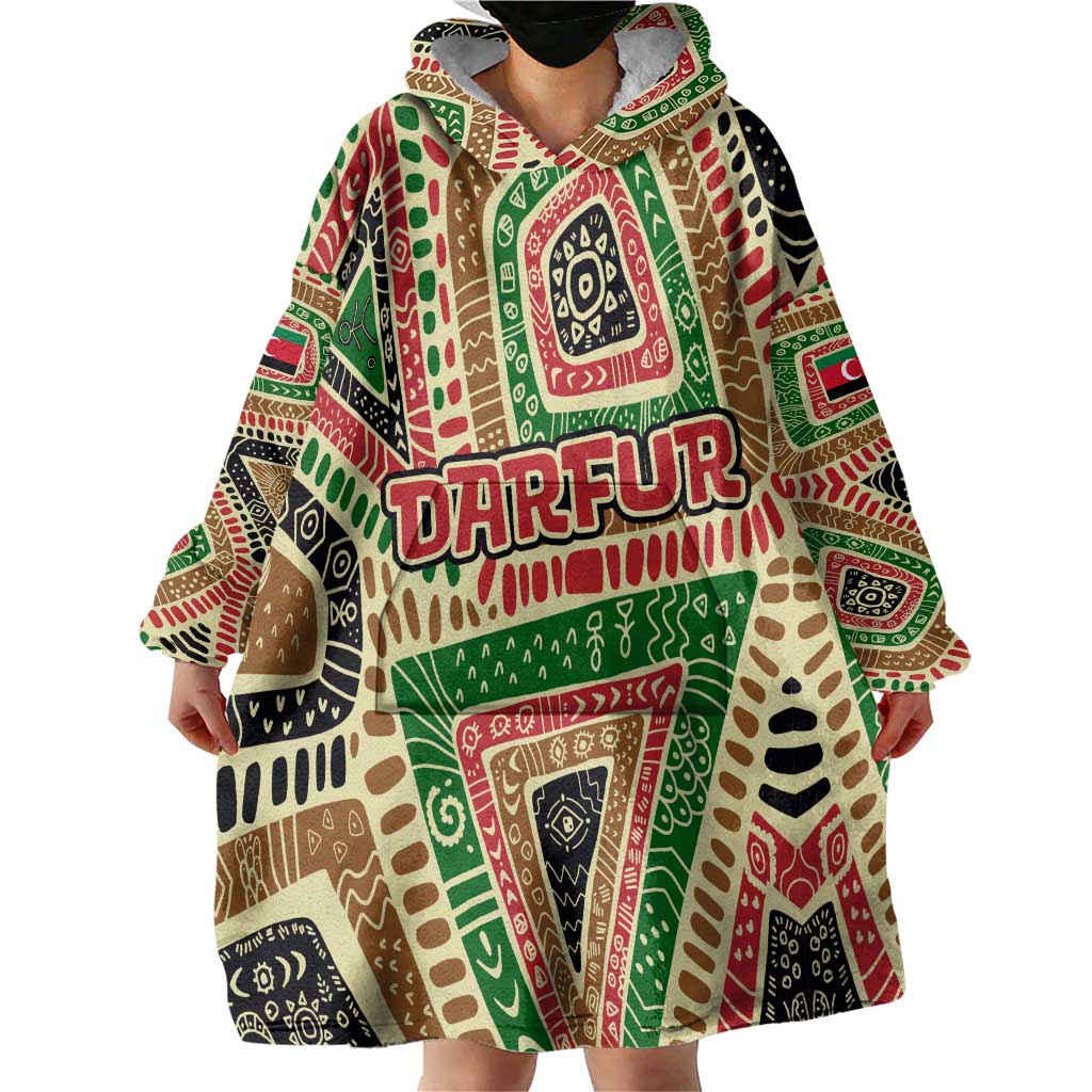 Darfur Sudan Wearable Blanket Hoodie with Red Green Beige Tribal Pattern - Wonder Print Shop