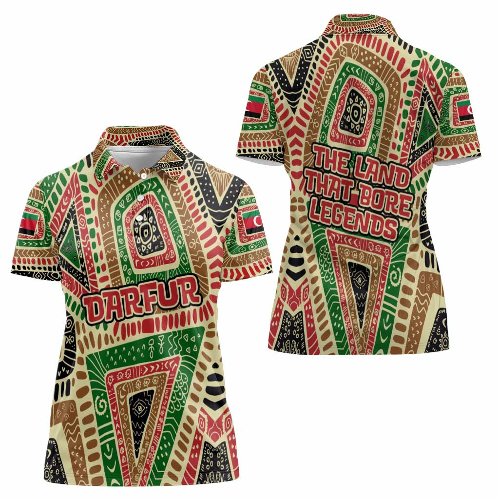 Darfur Sudan Women Polo Shirt with Red Green Beige Tribal Pattern - Wonder Print Shop