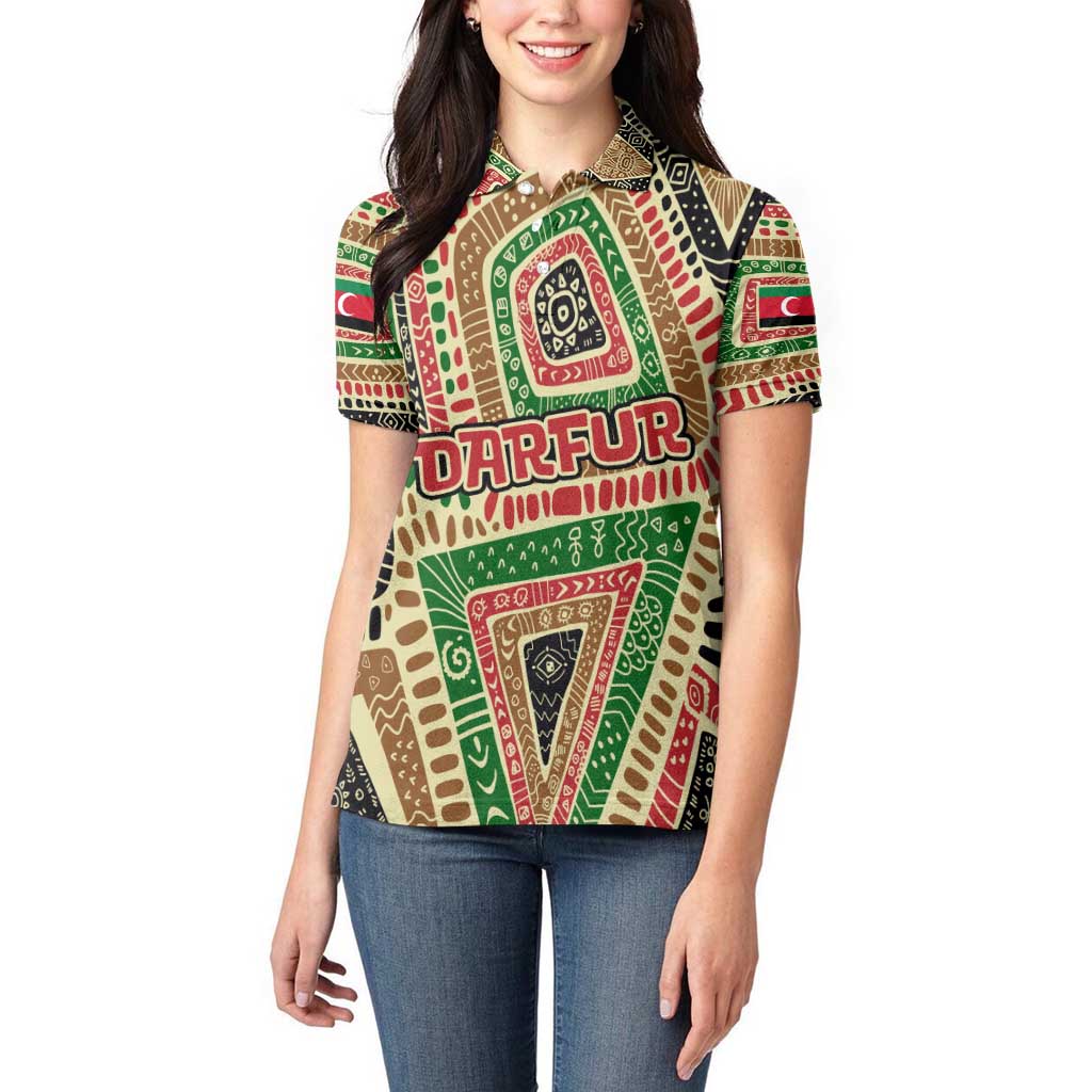 Darfur Sudan Women Polo Shirt with Red Green Beige Tribal Pattern - Wonder Print Shop