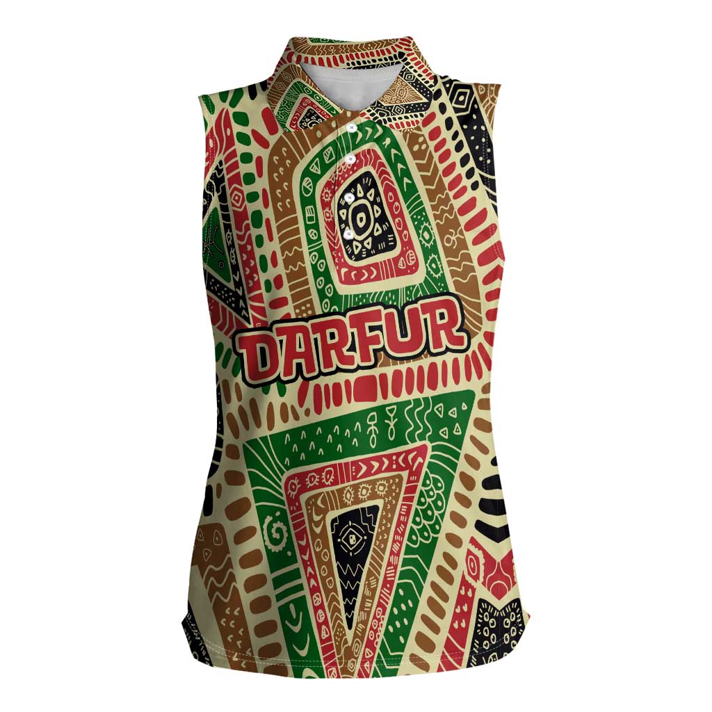 Darfur Sudan Women Sleeveless Polo Shirt with Red Green Beige Tribal Pattern - Wonder Print Shop