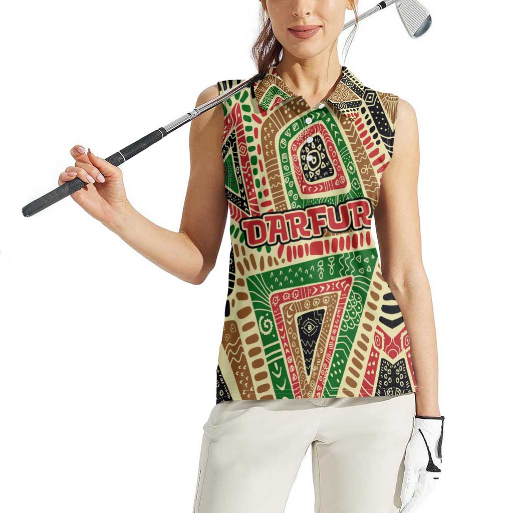 Darfur Sudan Women Sleeveless Polo Shirt with Red Green Beige Tribal Pattern - Wonder Print Shop